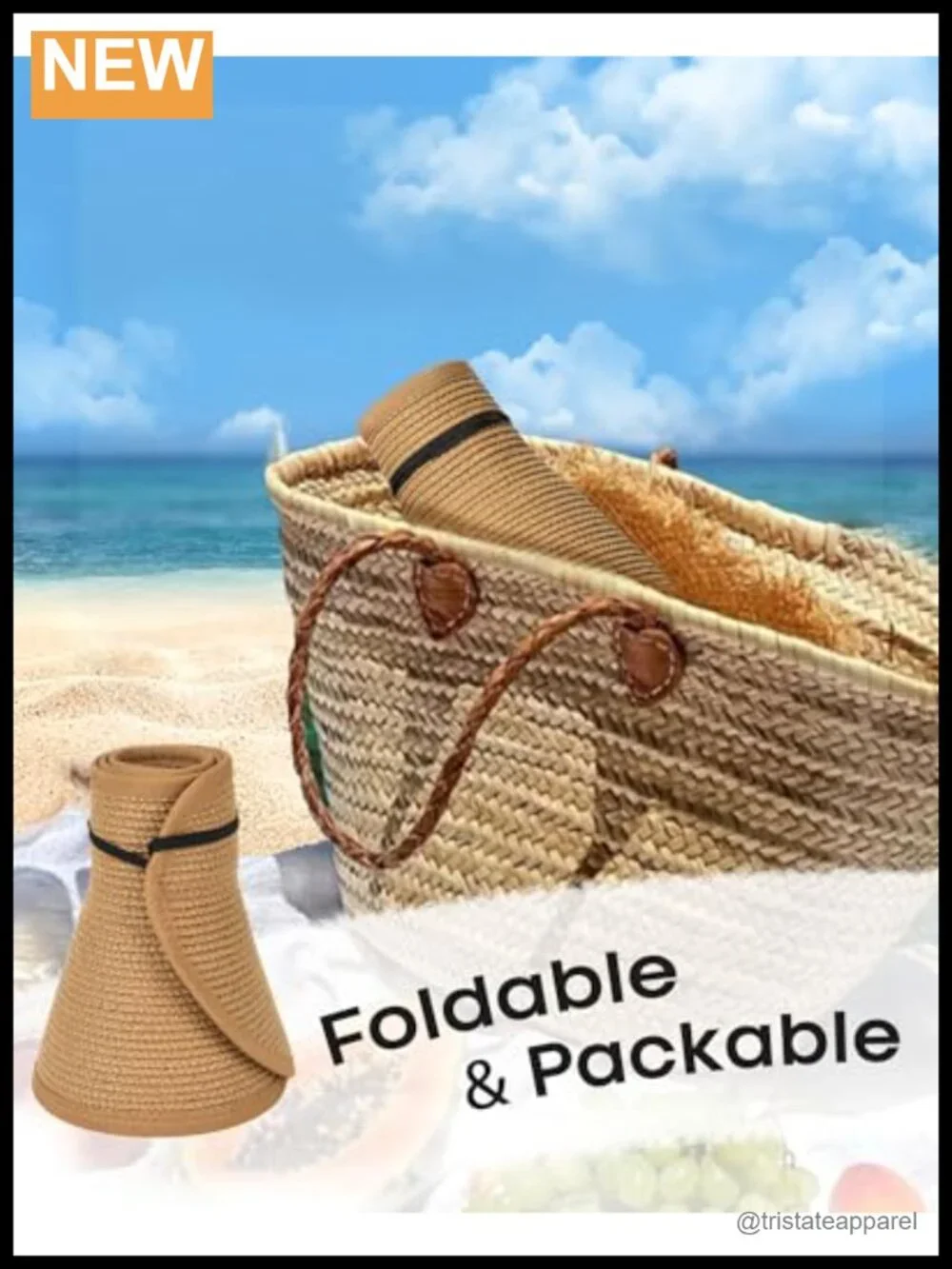 Wide Brim Straw Sun Visor Hat UPF 50+ Ponytail Packable Beach Travel